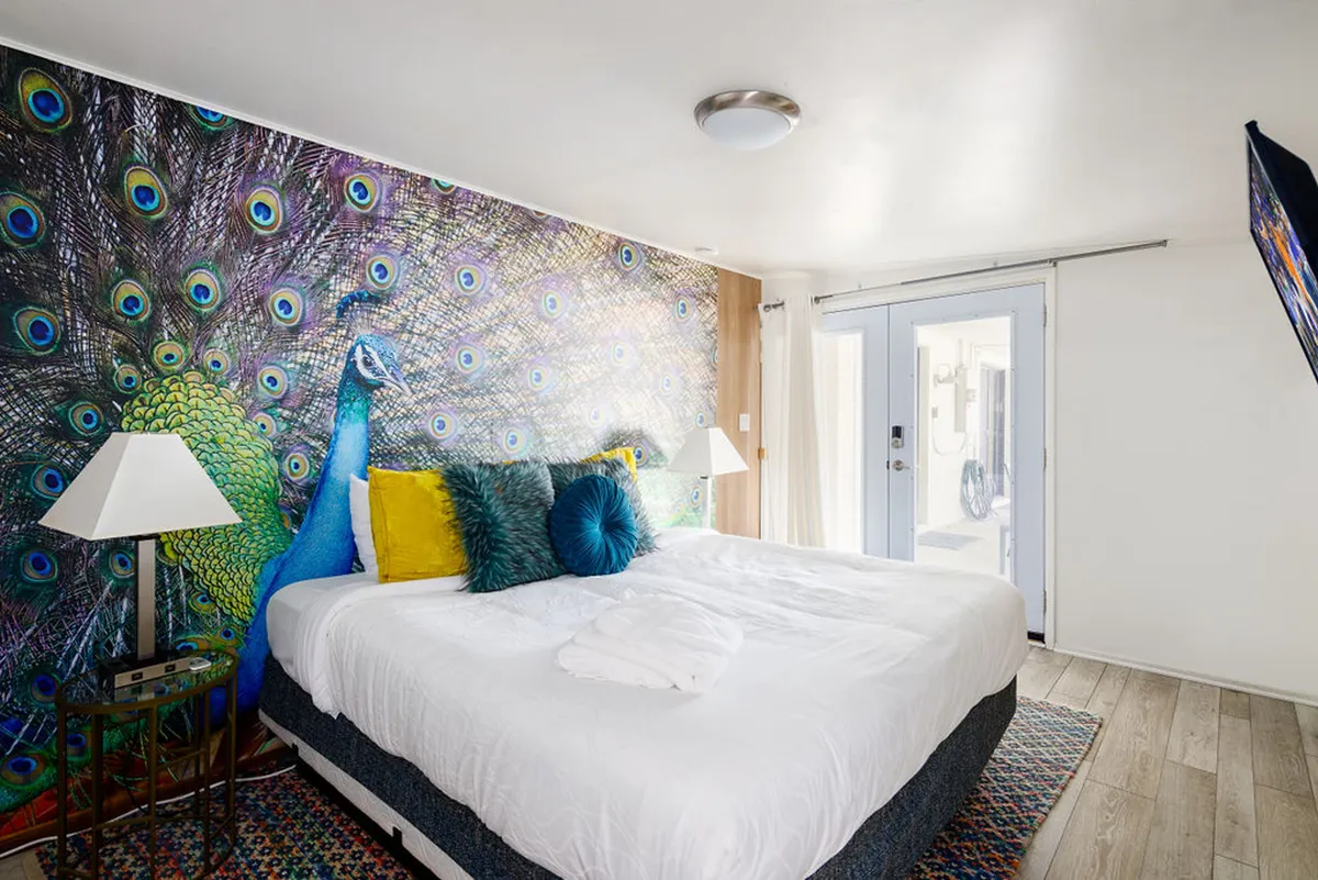 A cheerful bedroom with a striking peacock mural as the focal point, a cozy bed adorned with colorful pillows, a nightstand with a lamp, and a doorway leading outside. The playful decor and vibrant colors create a unique ambiance, while the direct access hints at privacy and an independent stay.